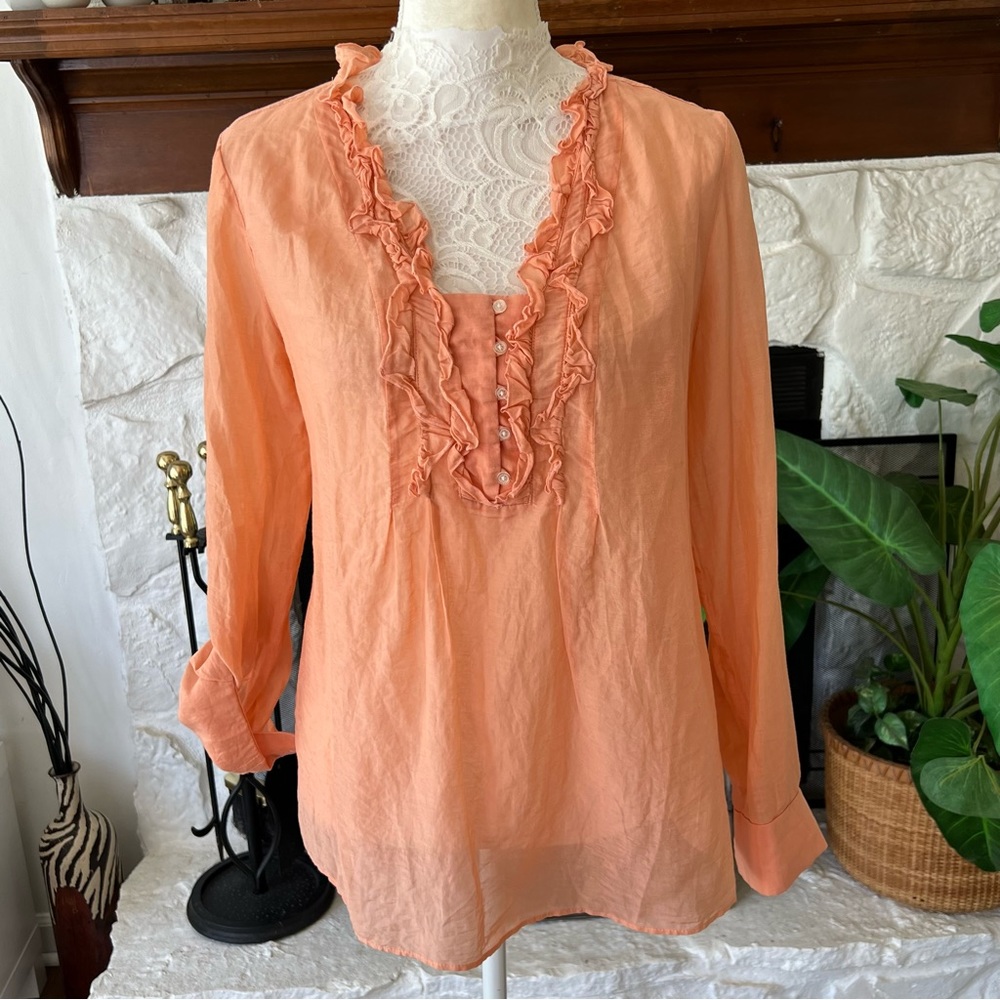 Tahari Peach Ruffle Front Long Sleeve Blouse